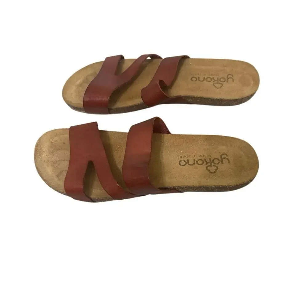 Yokono Spain Leather Cork Footbed Slide Sandals Cognac Boho Size 8 Mediterranean